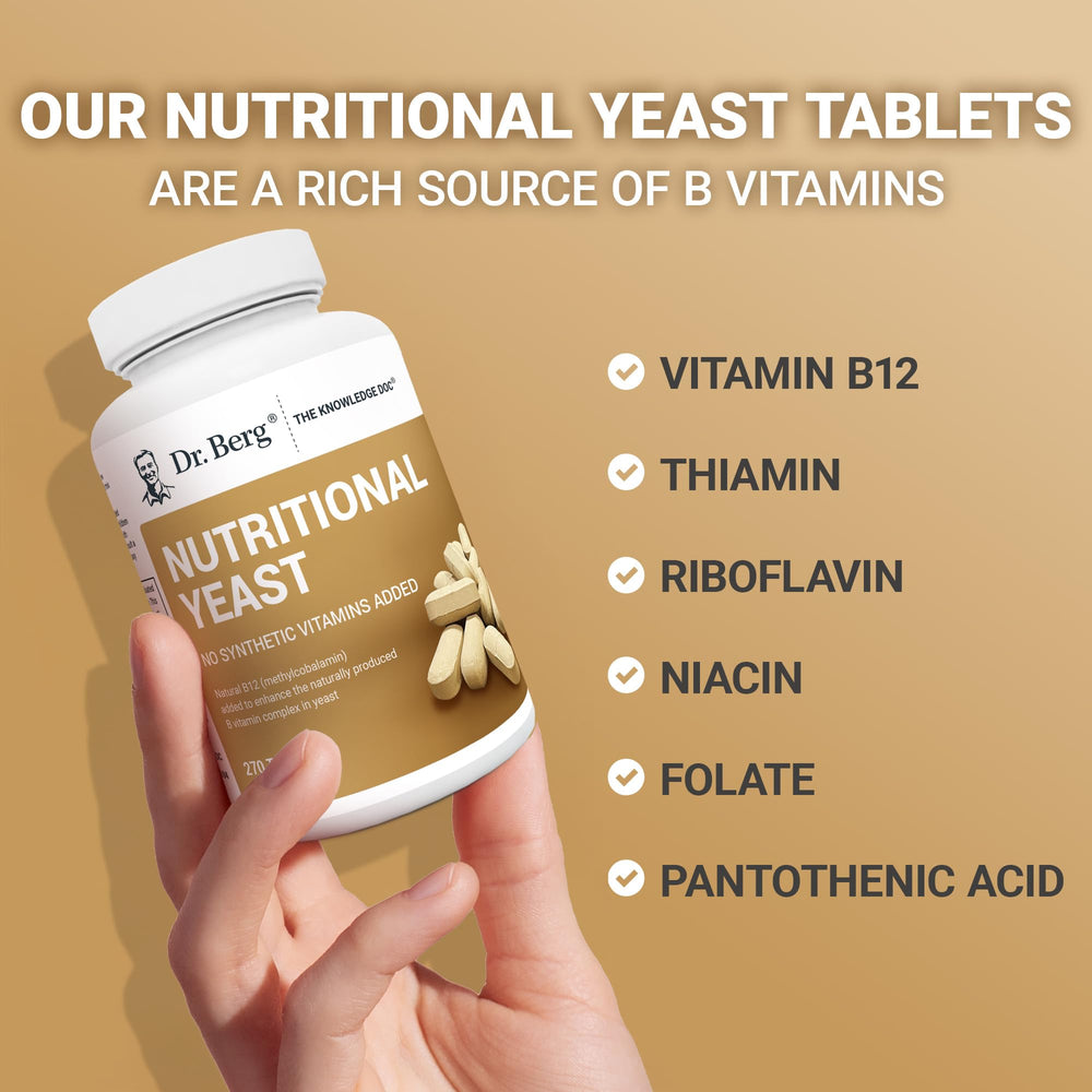 Dr. Berg Yeast Tablets vegan tablets on display for daily vitamin support