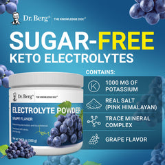 Dr. Berg Zero Sugar Hydration grape measuring scoop conveys precise dosing.