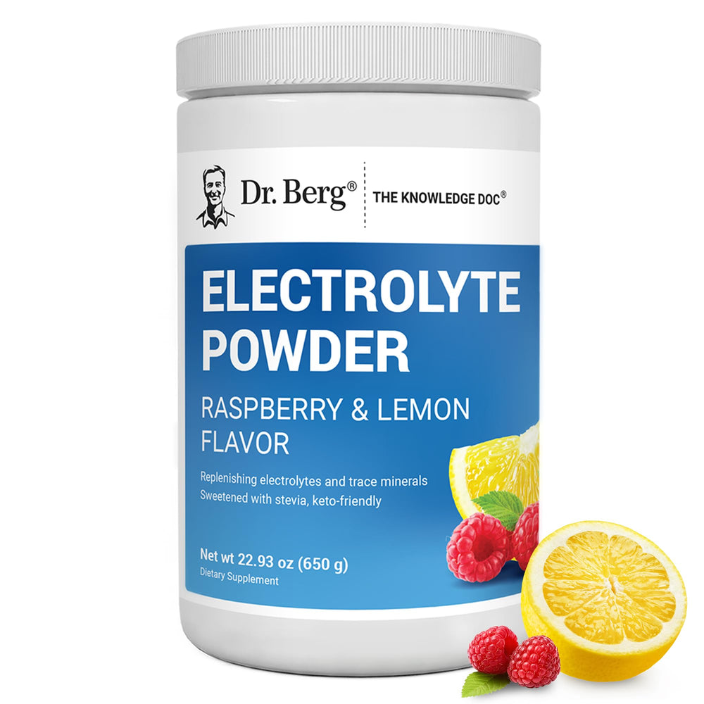 Dr. Berg Zero Sugar Hydration Powder tub with raspberry lemon flavor for steady hydration