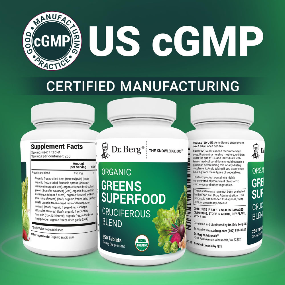 Close-up of Dr. Berg's Greens tablets showing compact form factor.