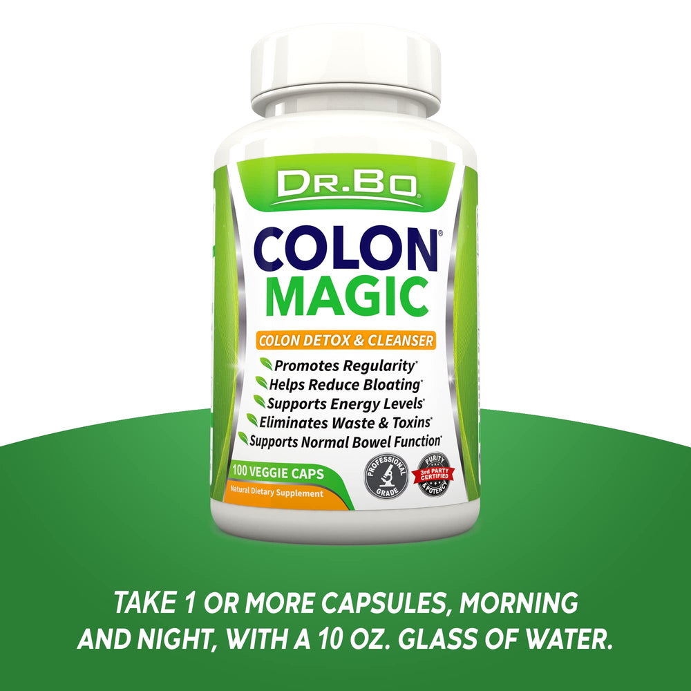 DR. BO colon cleanse bottle label in focus promotes gut wellness