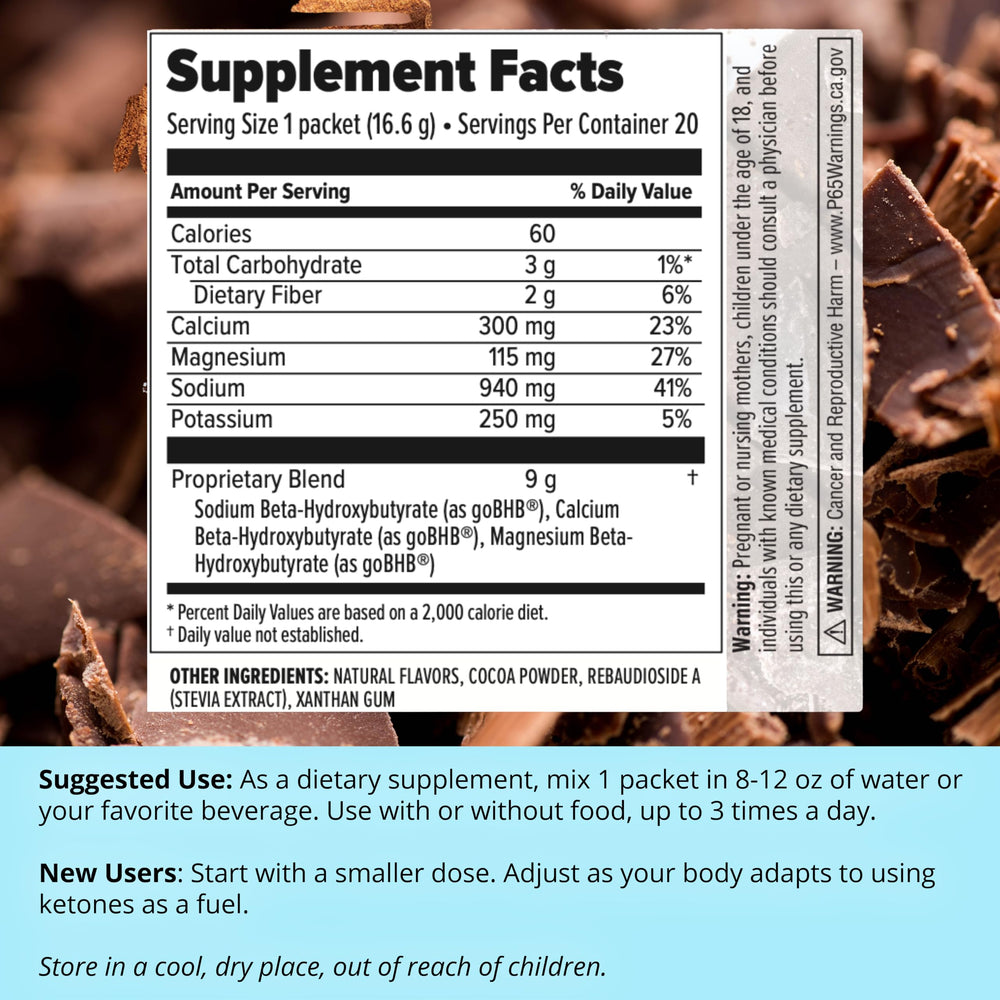 Dr. Boz Keto BHB powder Dutch Chocolate nutrition panel emphasizes serving size and ingredients.