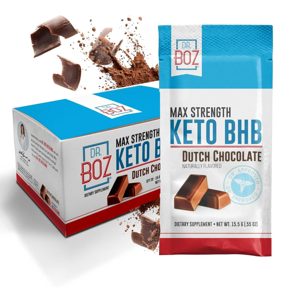 Dr. Boz Keto BHB powder Dutch Chocolate tub boosts energy during keto transition.
