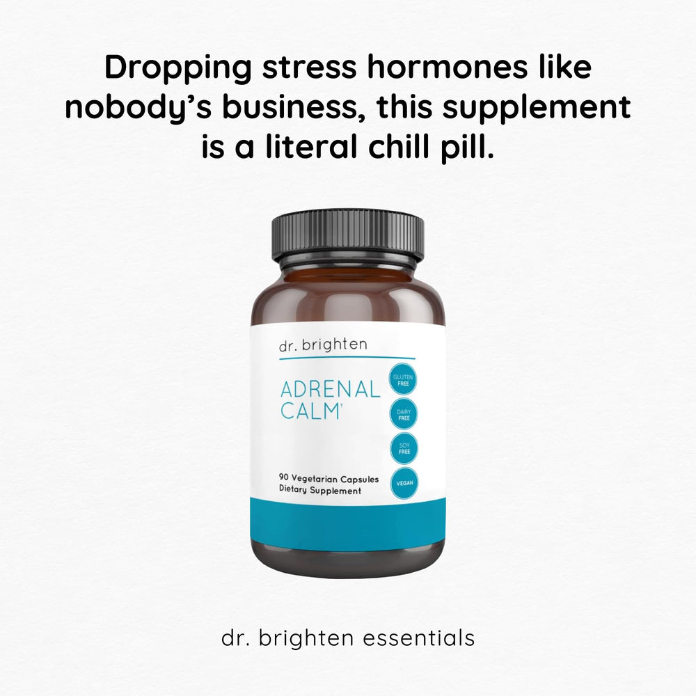 Dr. Brighten Adrenal Calm vegan, USA-made formula on package.