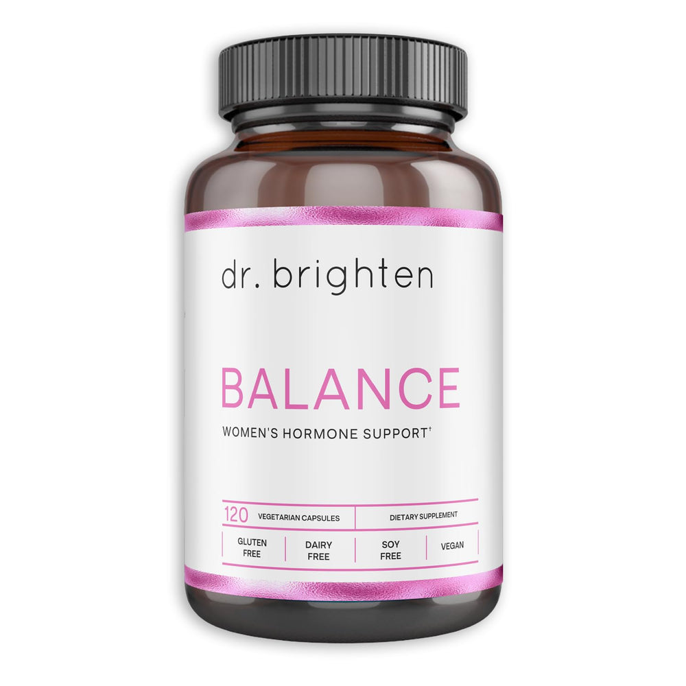 Dr. Brighten Balance bottle with capsules promoting hormonal balance.