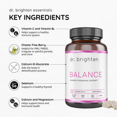 Dr. Brighten Balance capsules next to period-focused planning notes.