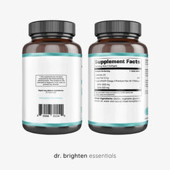 Dr. Brighten Omega Plus softgels close-up showing easy-to-swallow capsules