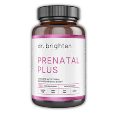 Dr. Brighten Prenatal Plus bottle front shows vegan prenatal support