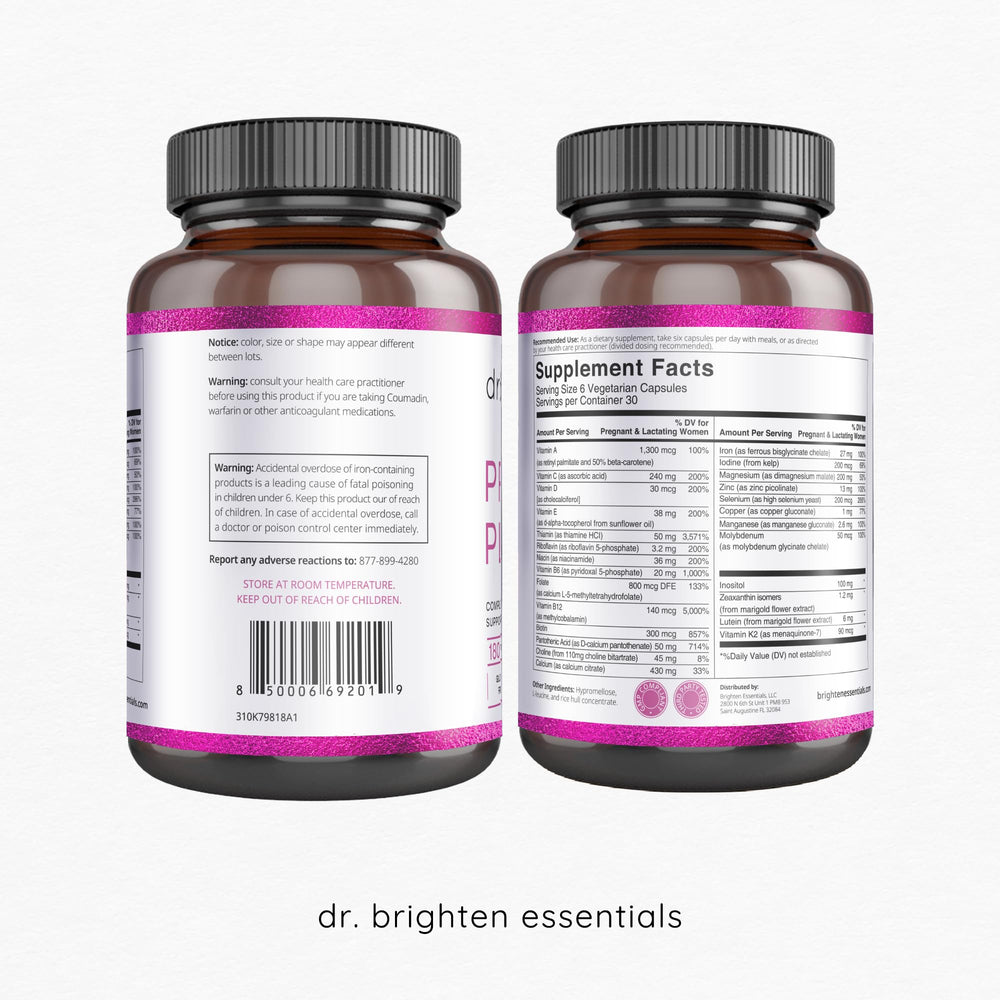Dr. Brighten Prenatal Plus packaging beside calendar for routine