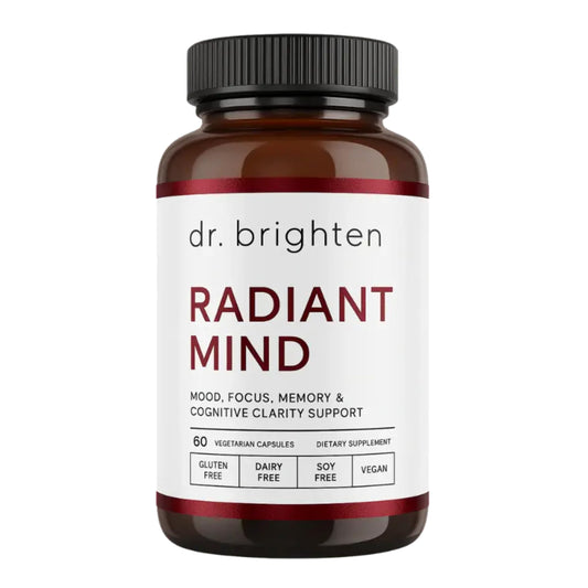 Dr. Brighten Radiant Mind bottle on desk illustrating focus and routine use