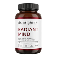 Dr. Brighten Radiant Mind bottle on desk illustrating focus and routine use