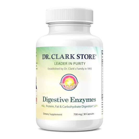 Dr Clark Digestive Enzymes bottle on a kitchen counter supports balanced digestion