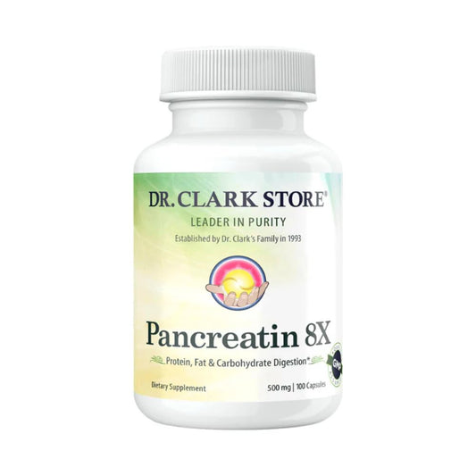 Dr Clark Pancreatin 8X bottle front shows post meal digestion support