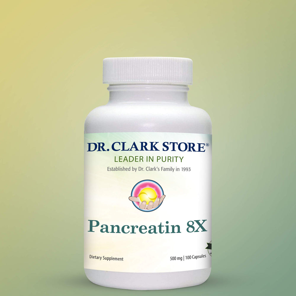 Dr Clark Pancreatin 8X enzyme capsules close-up for daily digestion support