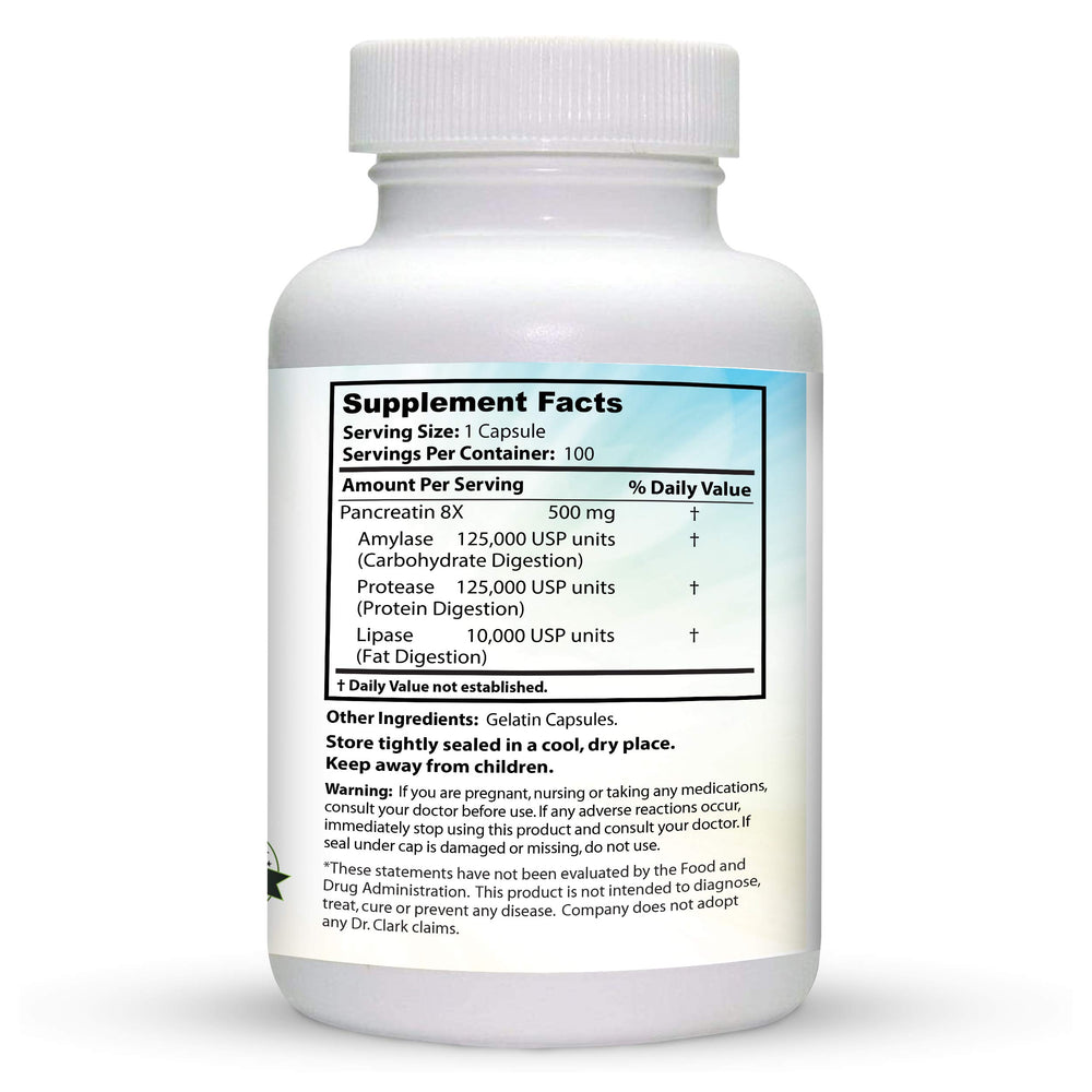 Dr Clark Pancreatin 8X packaging box featuring quality testing labels