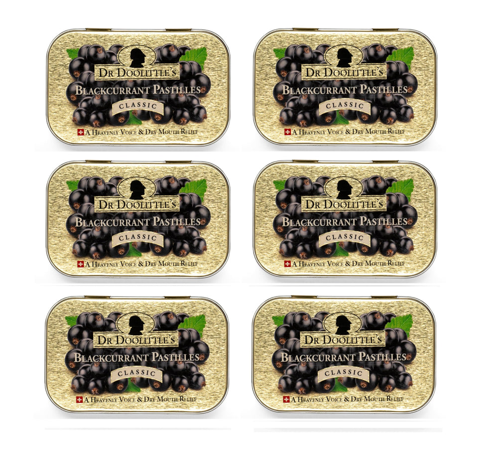 Dr. Doolittle’s soft fruit pastilles blackcurrant tin front for throat moisture and soothing taste.