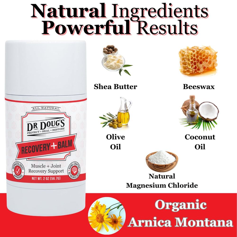 Dr. Doug's Recovery Balm Arnica highlights targeted relief for legs and joints.