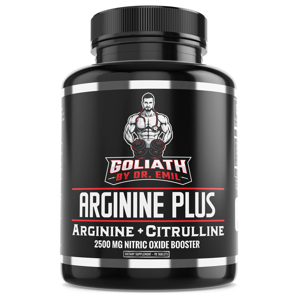 Dr. Emil's ARGININE Plus bottle front showing a high dose nitric oxide booster.
