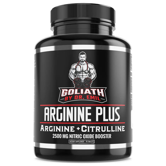Dr. Emil's ARGININE Plus bottle front showing a high dose nitric oxide booster.