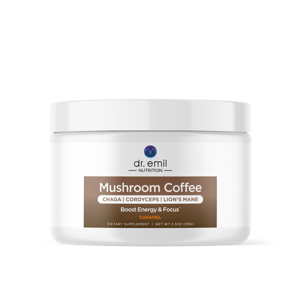 DR. EMIL Mushroom Coffee cup with caramel flavor for a comforting morning energy boost