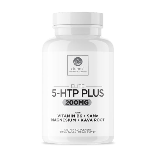 DR. EMIL NUTRITION Elite 5-HTP bottle promotes calm evenings.