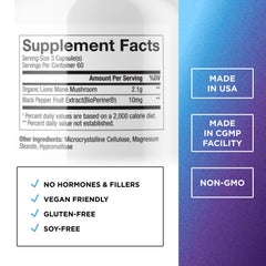 Dr. Emil Nutrition Lions Mane capsules closeup emphasizing high 2100 mg dose and BioPerine absorption.