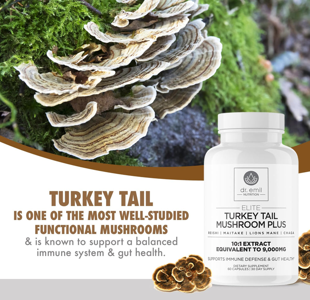 DR. EMIL NUTRITION Turkey Tail blend label highlights a 5-mushroom complex.