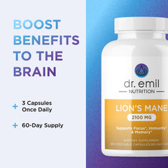 Dr. Emil Nutrition Lions Mane capsules beside glass of water for daily use.