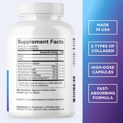 DR. EMIL NUTRITION Women's Multi Collagen pills label closeup highlighting the 5-type blend for overall support.