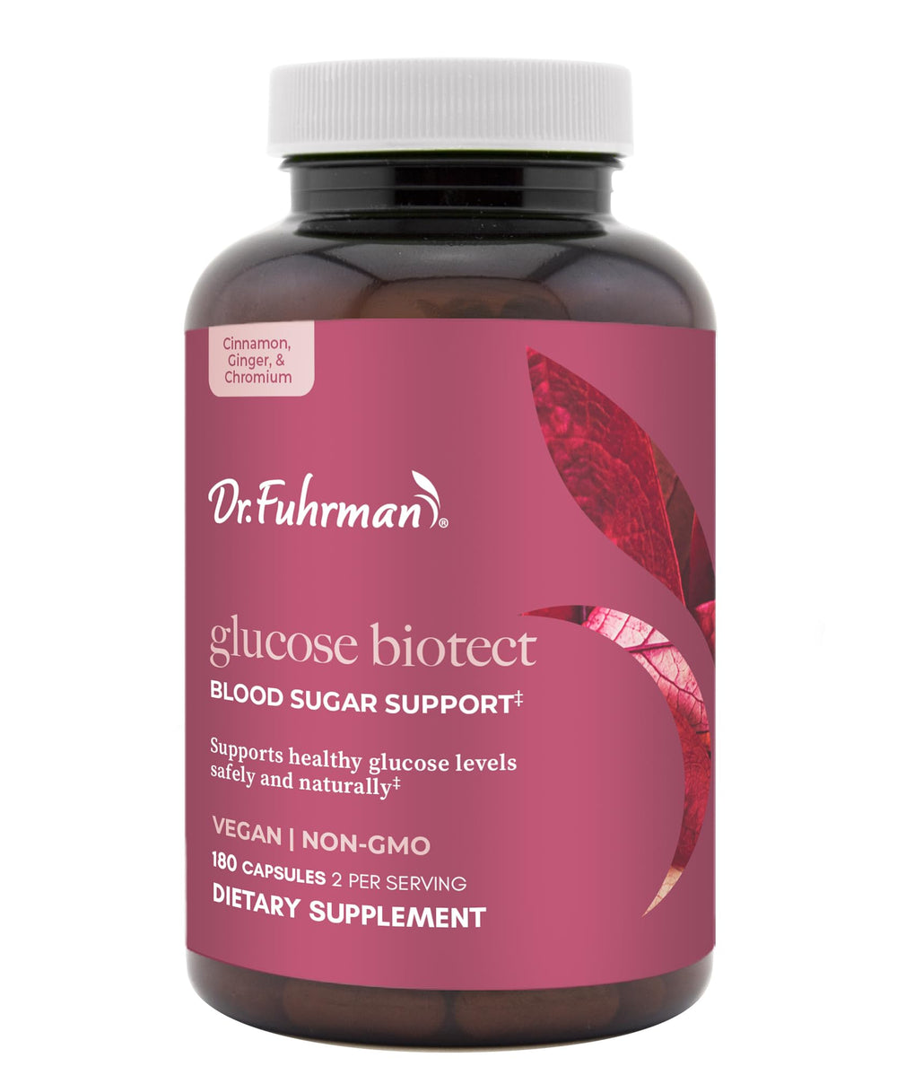 Dr. Fuhrman Glucose Biotect product on countertop with other supplements.