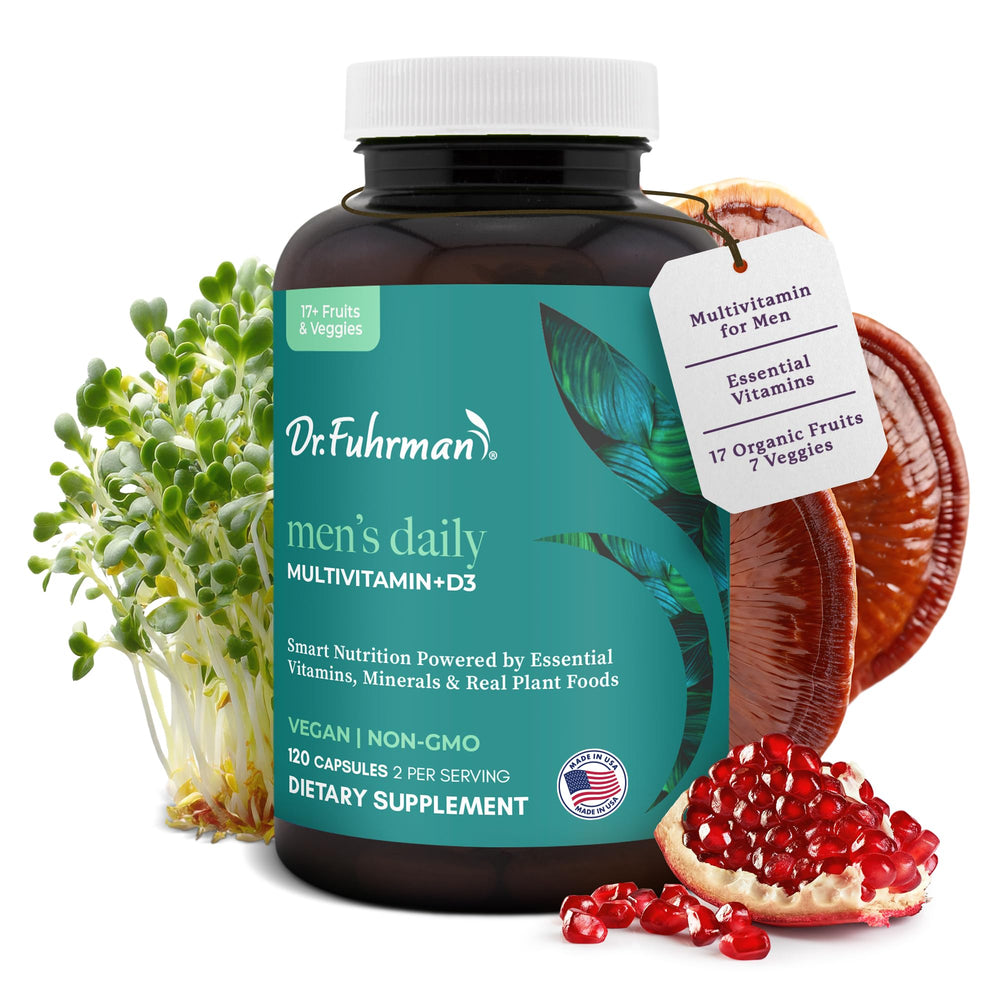 Dr. Fuhrman men's multivitamin bottle front view showing vegan, whole-food formula.