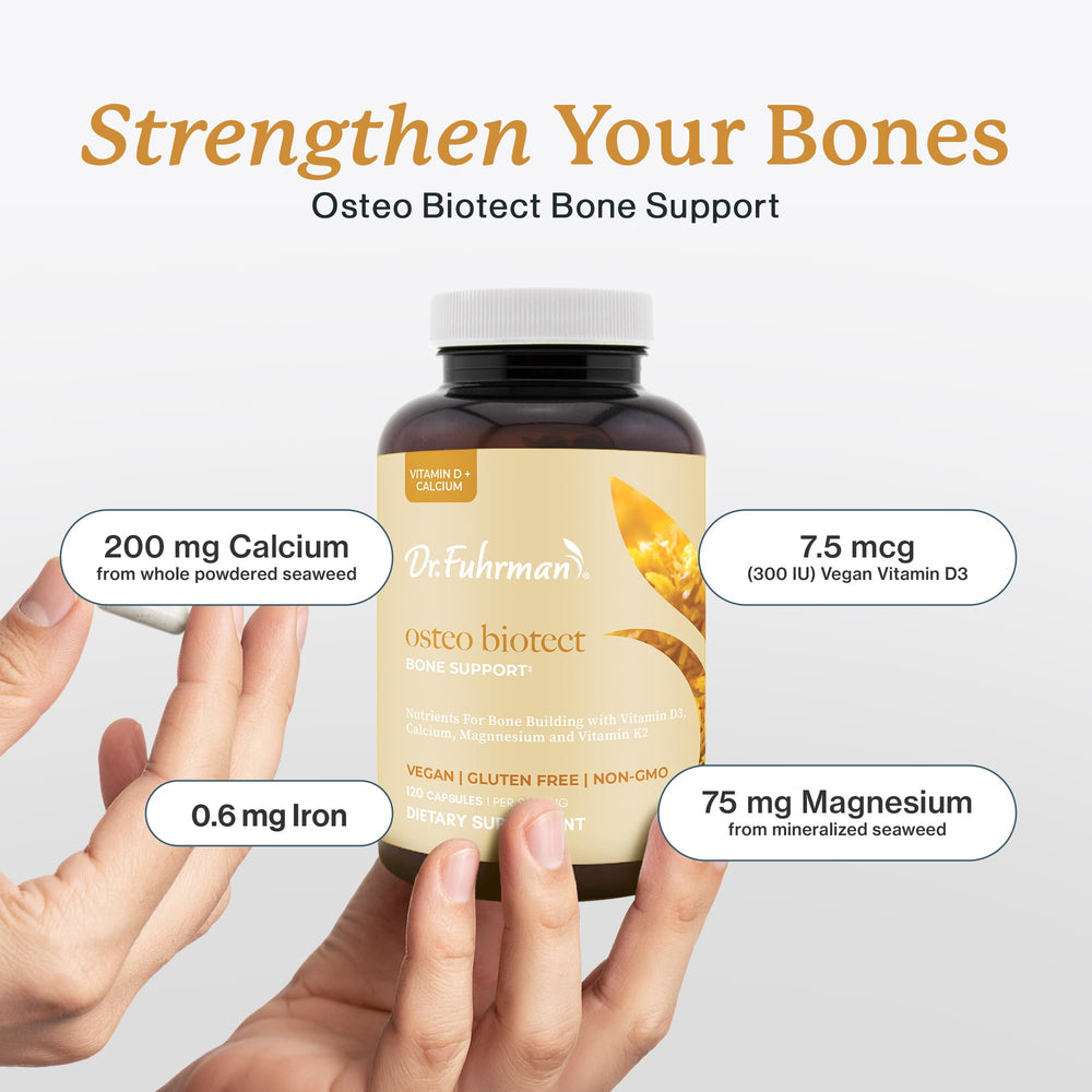 Dr. Fuhrman Osteo ingredients D3 K2 magnesium illustrate essential nutrients for bone support.