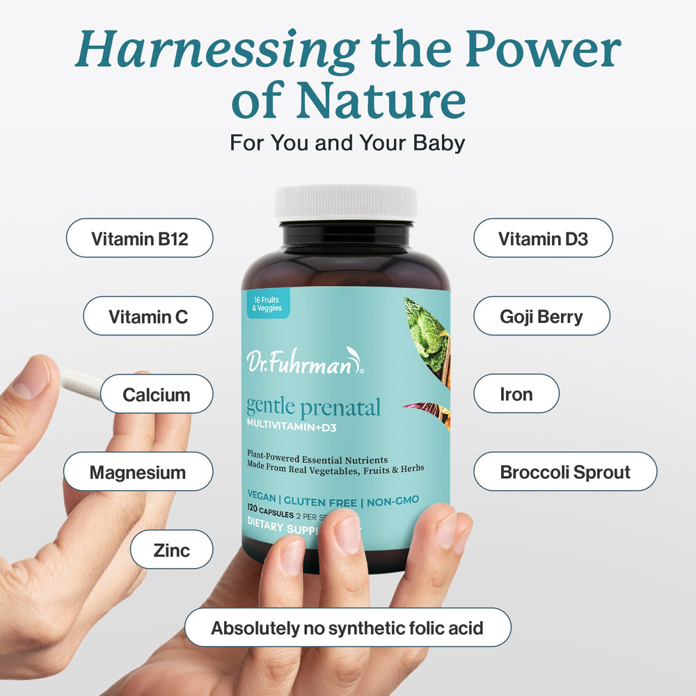 Dr. Fuhrman Prenatal capsules close-up reveals ferronyl iron and kelp iodine for brain support.