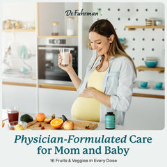 Dr. Fuhrman Prenatal organic superfoods image focuses on broccoli sprouts and kale.