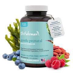 Dr. Fuhrman Prenatal bottle with capsules on light background highlights plant-based formula.