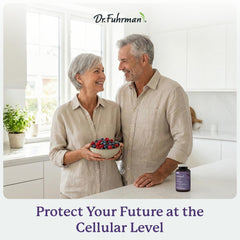 Dr. Fuhrman Ultra Cell Biotect bottle with water suggesting simple daily intake.