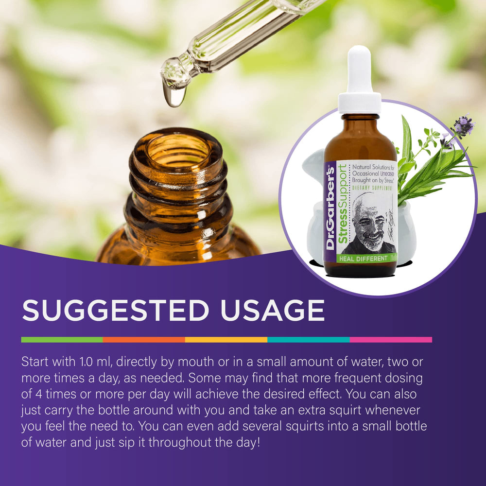 Closeup of Dr. Garber's Stress Support amber bottle for quick, easy use