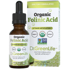 Dr. Green Mom Folinic Acid Drops bottle with USDA Organic label for trusted quality.