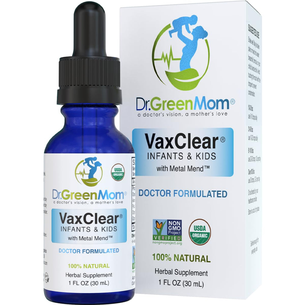 Dr. Green Mom VaxClear bottle front showing kid friendly detox solution.