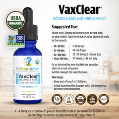 Closeup of VaxClear label highlighting organic, doctor formulated formula.