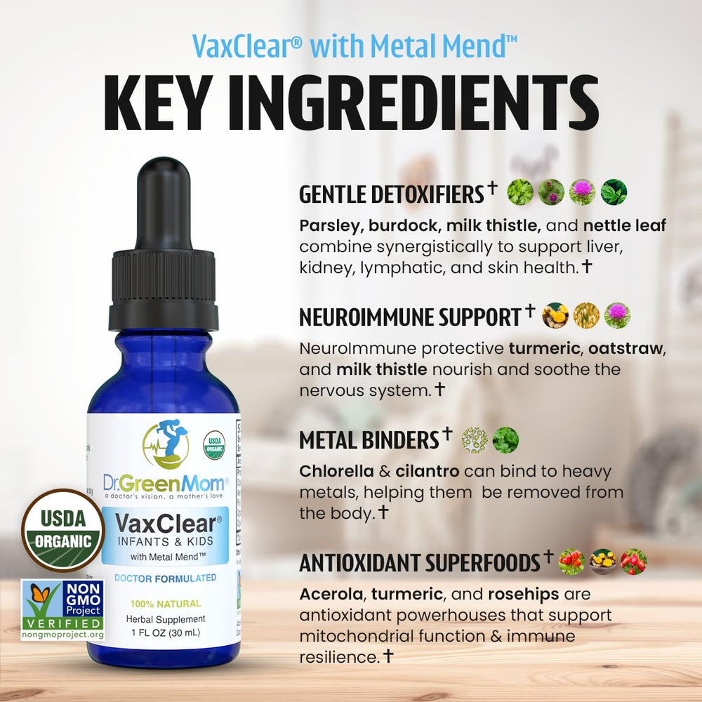 Organic ingredients list for Dr. Green Mom VaxClear featuring chlorella and turmeric.