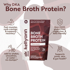 Measuring scoop beside the Dr. Kellyann Bone Broth Protein Powder Chocolate on a kitchen counter.