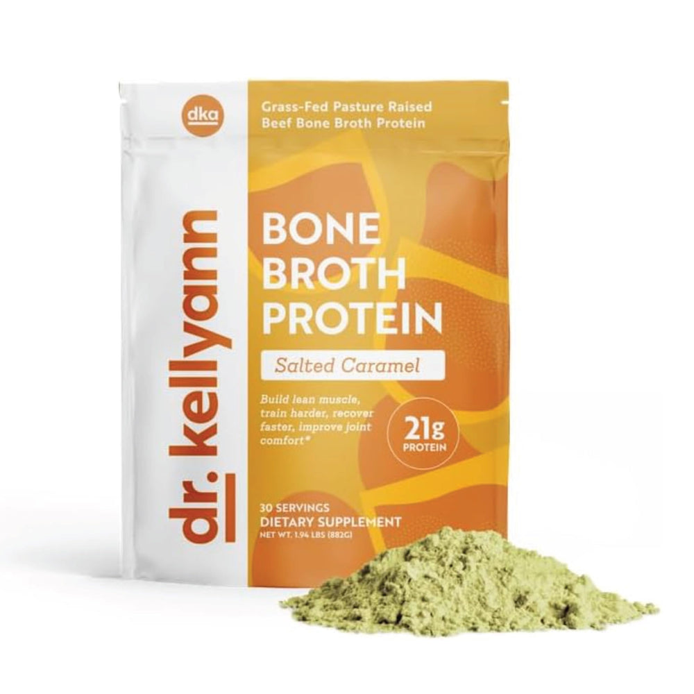 Dr. Kellyann Bone Broth Protein Salted Caramel tub for everyday shakes.