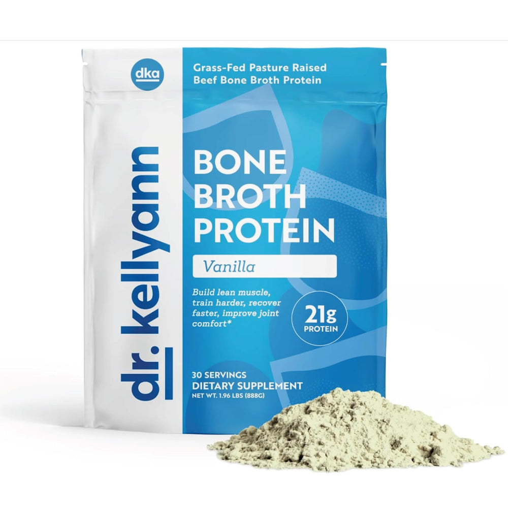 Dr. Kellyann Bone Broth Protein Vanilla bottle showing collagen-rich formula for skin and joints