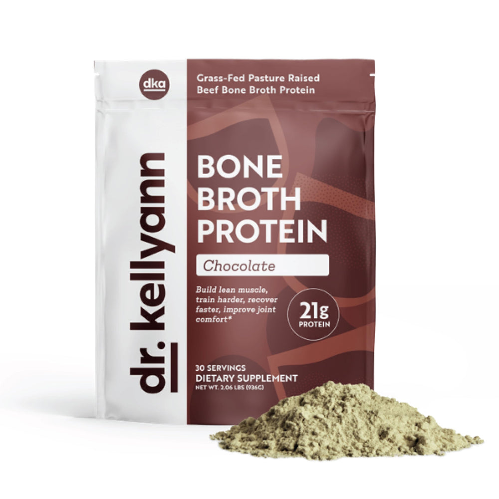 Dr. Kellyann Keto Bone Broth Protein Powder Chocolate tub with grass-fed collagen for keto-friendly shakes.