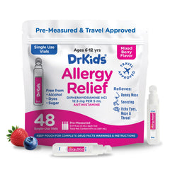 Dr. Kids allergy relief box with pre-measured vial for children aged 6 to 12.