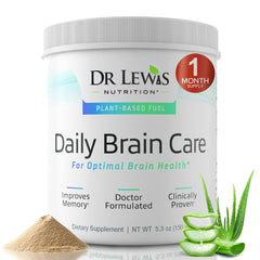 Dr Lewis Daily Brain Care powder bottle highlights plant-based focus support for daily use.