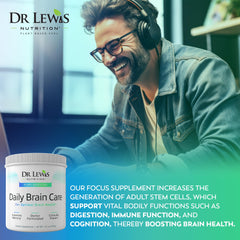Dr Lewis Daily Brain Care powder in glass emphasizes convenient daily use.