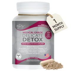 Dr. Liz Cruz Delicate Detox bottle front showcases a high-potency enzyme supplement