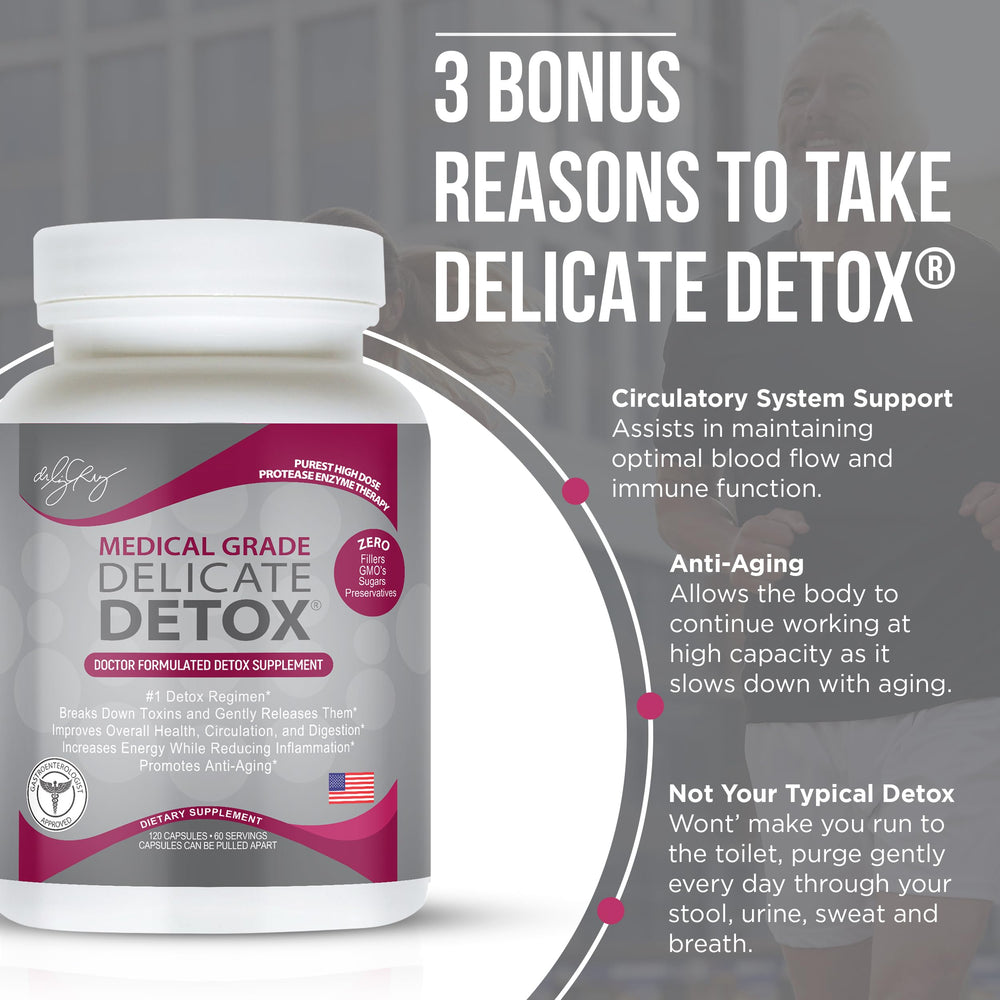 Pour image suggests easy daily dosing with Dr. Liz Cruz Delicate Detox
